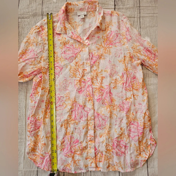 J. Jill Size Small Blouse 100% Linen Button Up Long Sleeve Coral Print Lagenlook - Picture 9 of 9